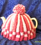 Two Tone Pink Ridged Knitted Tea Cosy with Pom Pom - Image 1