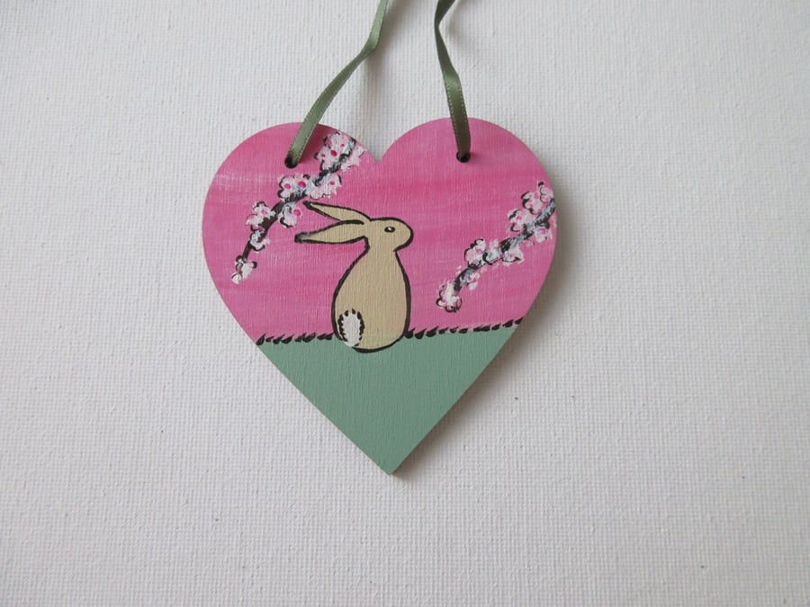 hanging Decoration Bunny and Cherry Blossom Wooden Heart Rabbit