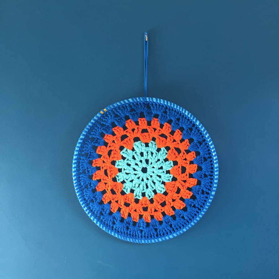 Crochet hanging mandala hoop - blue, orange and turquoise - free UK shipping