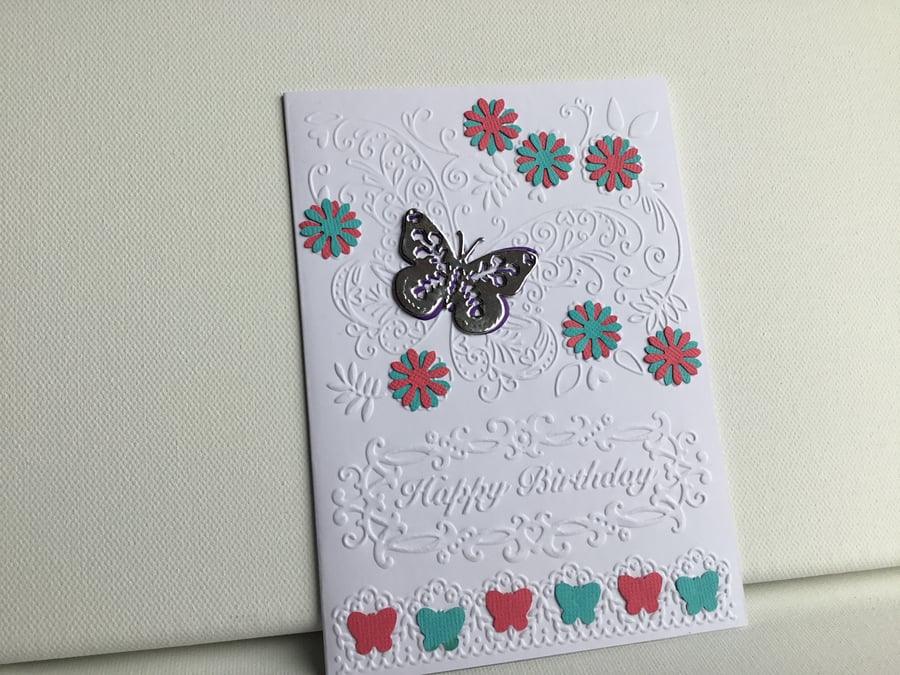 Embossed butterfly birthday card. CC334