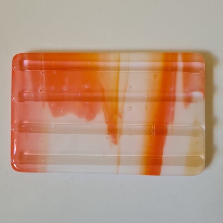 Large streaky orange fused glass soap dish