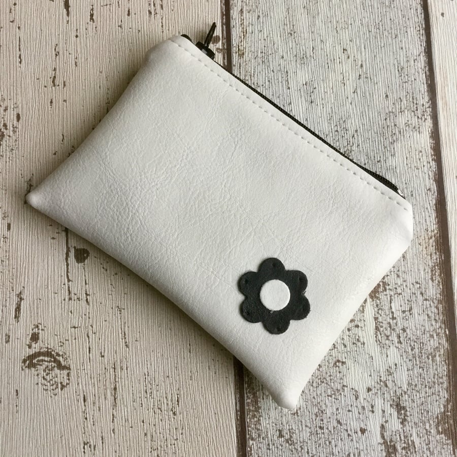 Black & White Faux Leather Coin Purse with Flower Embellishment