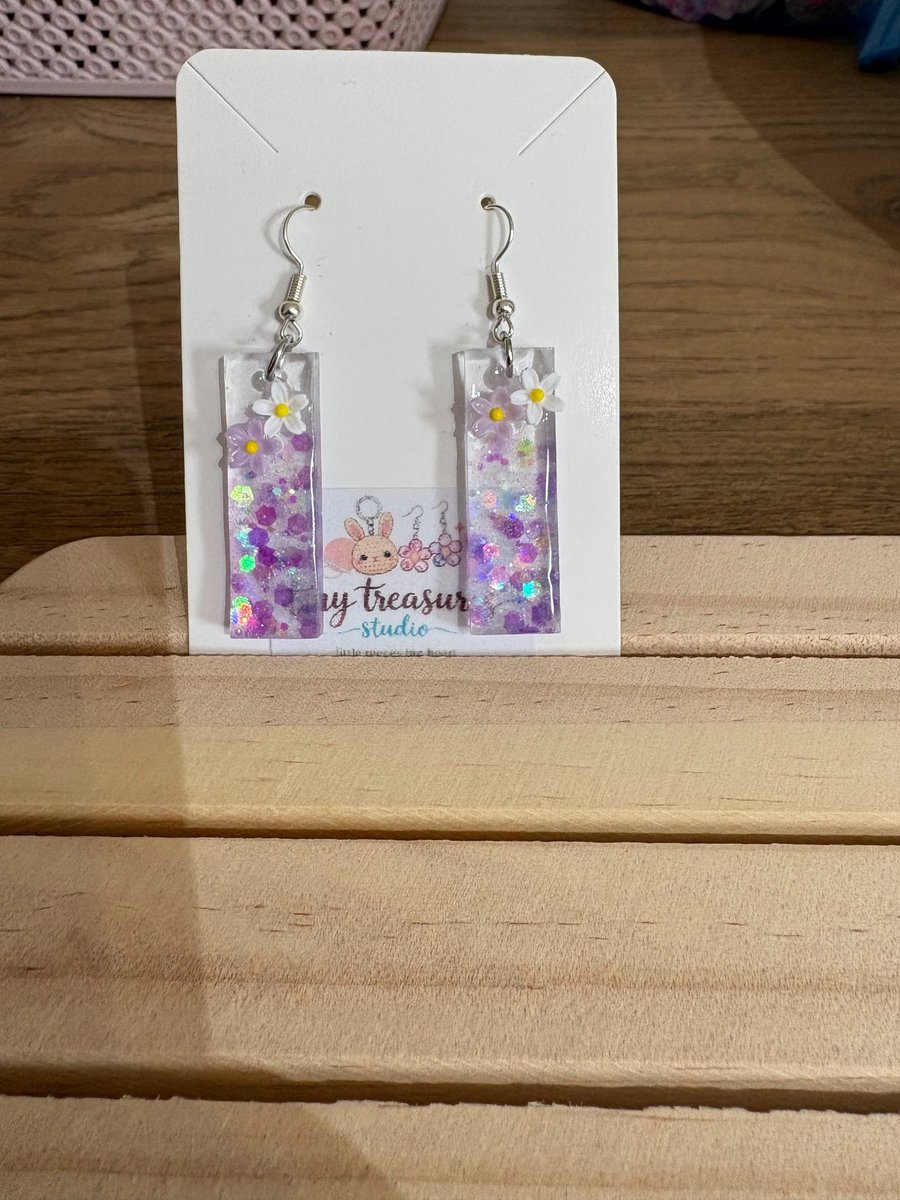 Handmade Purple Ombre Resin Dangle Earrings with Floral Charm Glitter