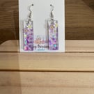 Handmade Purple Ombre Resin Dangle Earrings with Floral Charm Glitter