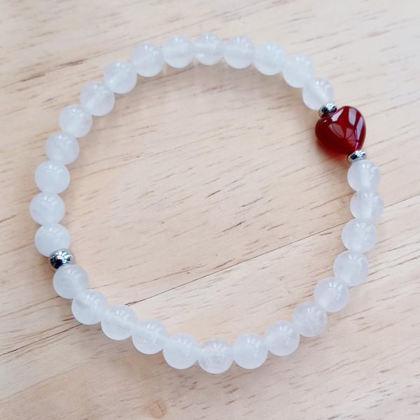 White Jade & Red Czech Heart Bracelet created using 6mm Gemstone Beads