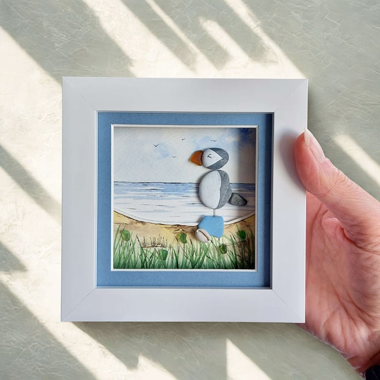 Mini Puffin Coastal Art, Handmade 3D Puffin Picture, One-of-a-Kind Seaside Gift