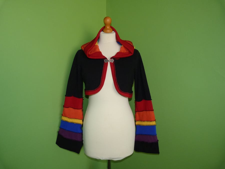 SALE Crop Top with Long Hood and Bell Bottom Sleeves. Rainbow and Black. 