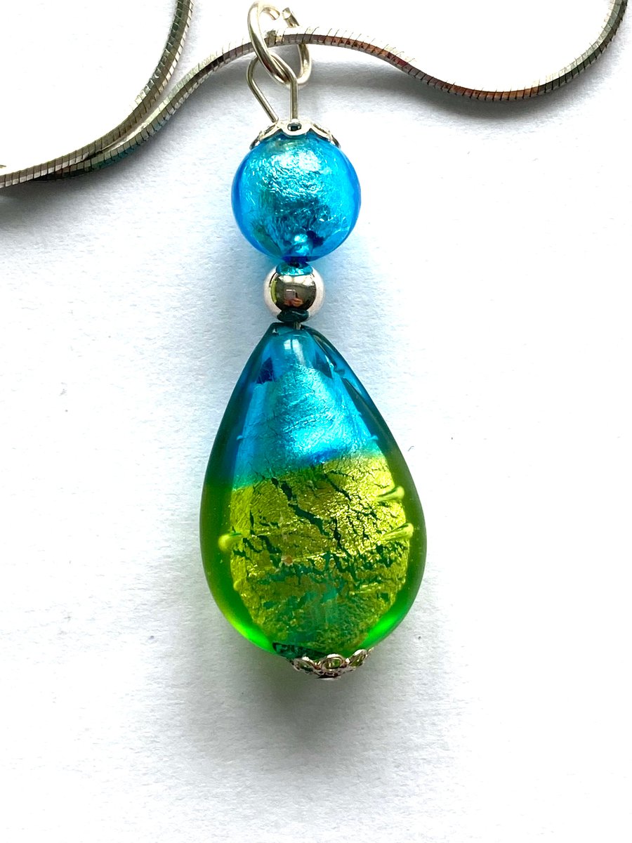 Murano Glass turquoise and green pear drop pendant with sterling silver.