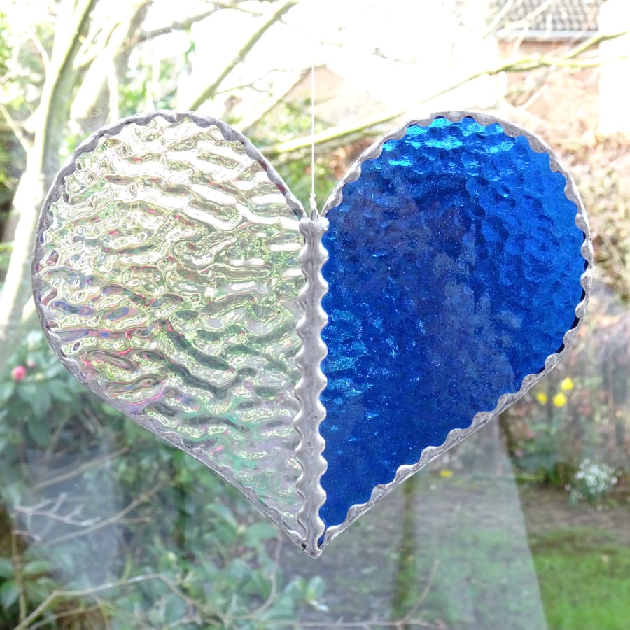 Stained Glass Heart Suncatcher - Blue -Handmade Window Decoration 