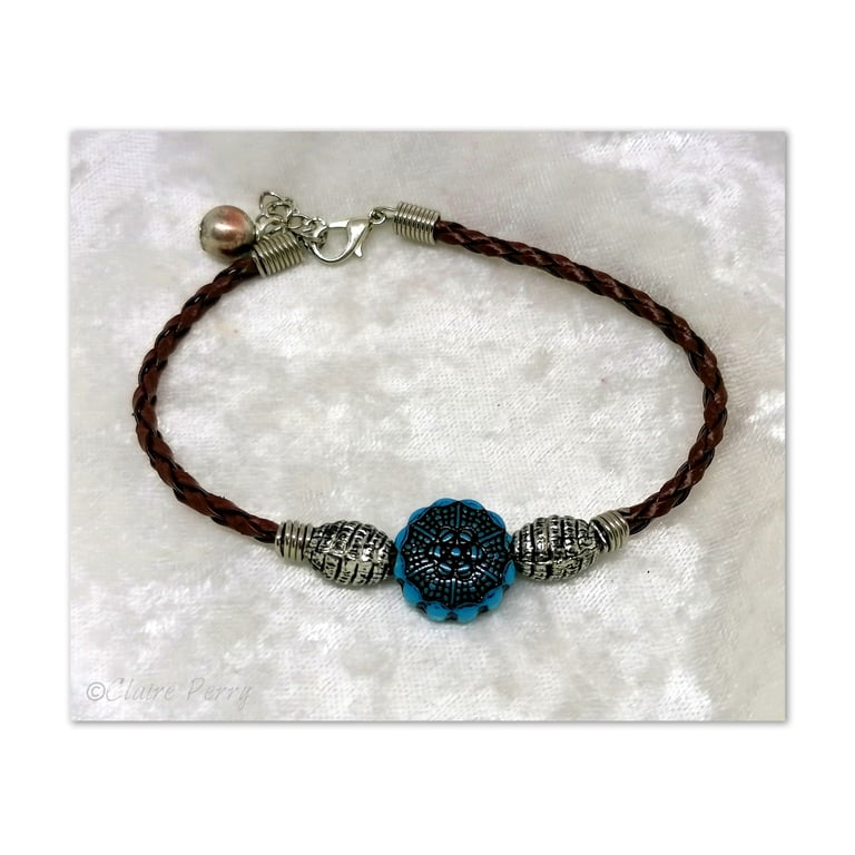 Surfers bracelet, brown faux Leather with Turquoise and Silver beads.