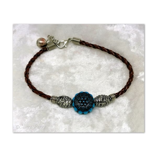 Surfers bracelet, brown faux Leather with Turquoise and Silver beads.