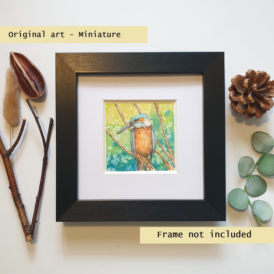 Little kingfisher original art miniature, tiny bird painting