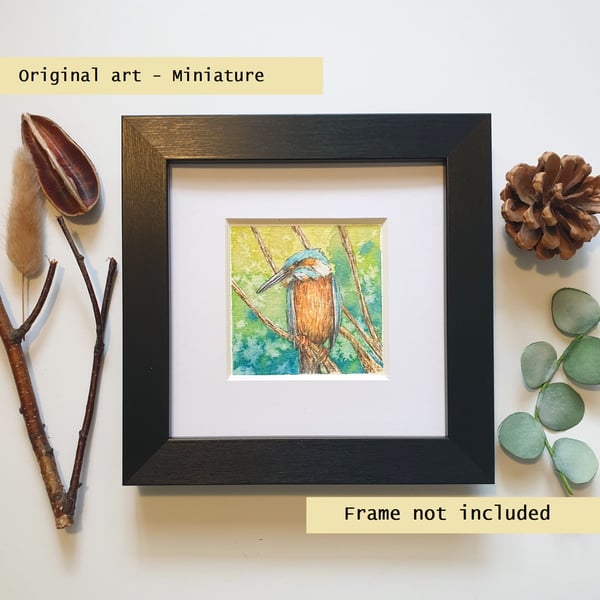Little kingfisher original art miniature, tiny bird painting