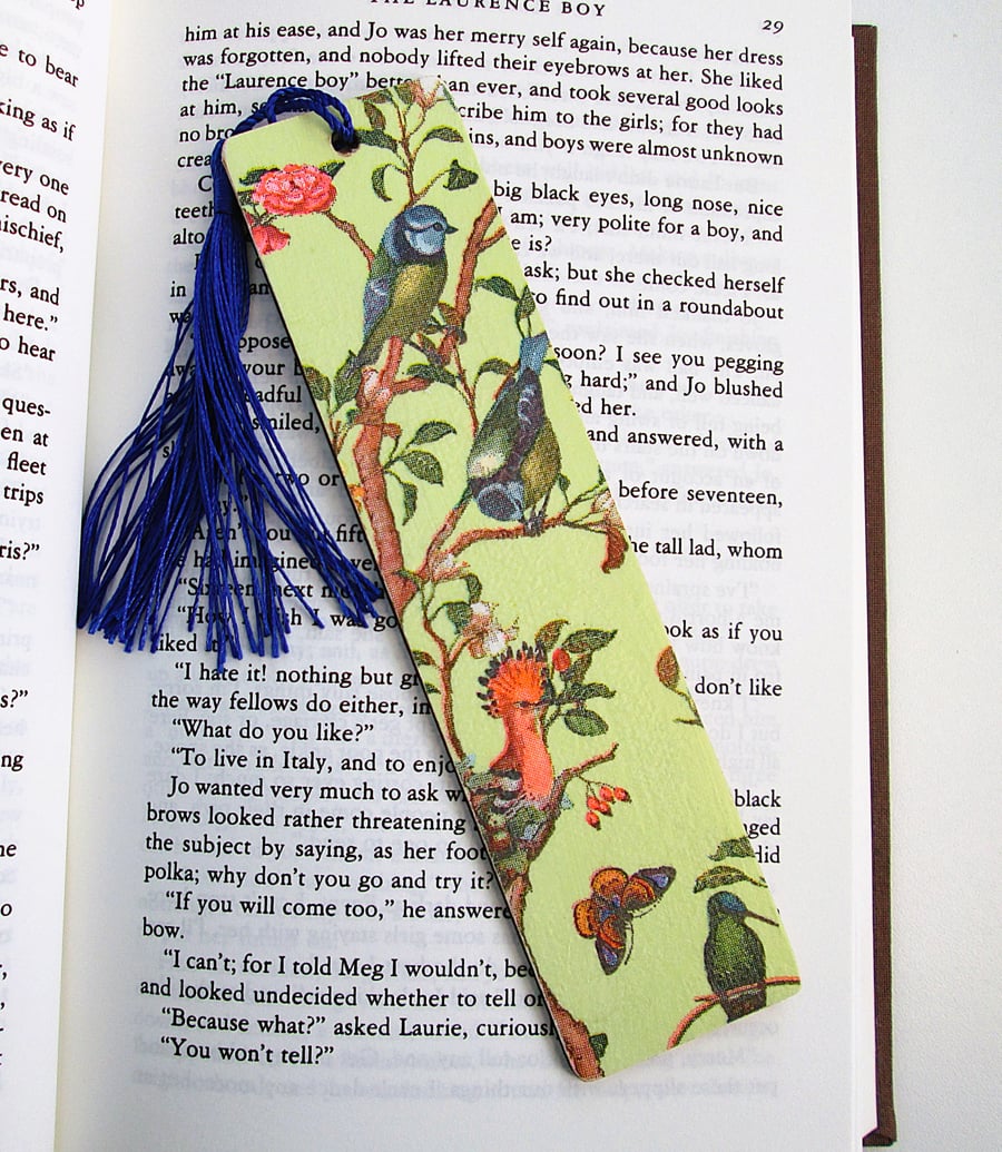 Blue tits and birds wood decoupage bookmark with tassel