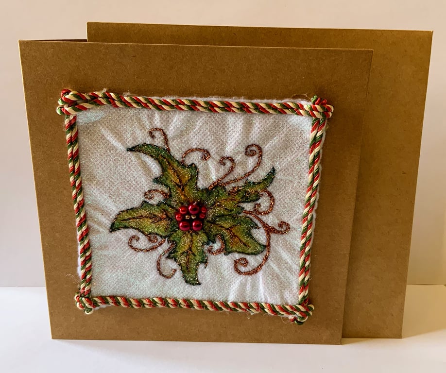 Holly Textile Christmas Card.