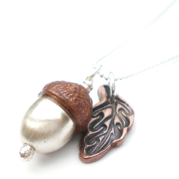 Silver and Copper Acorn Necklace