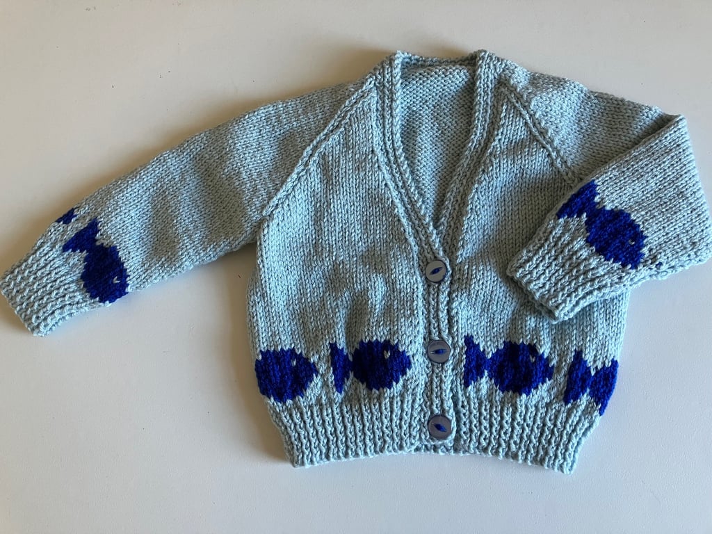 Fishes Cardigan, Baby Cardigan to fit 6 - 12 months, Handmade in the UK