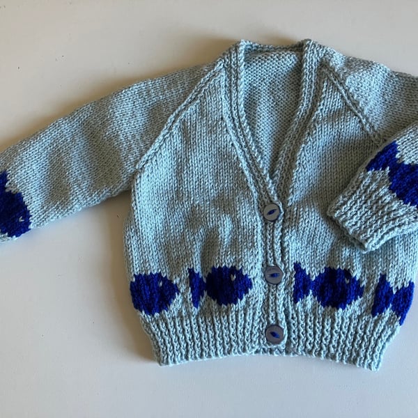Fishes Cardigan, Baby Cardigan to fit 6 - 12 months, Handmade in the UK