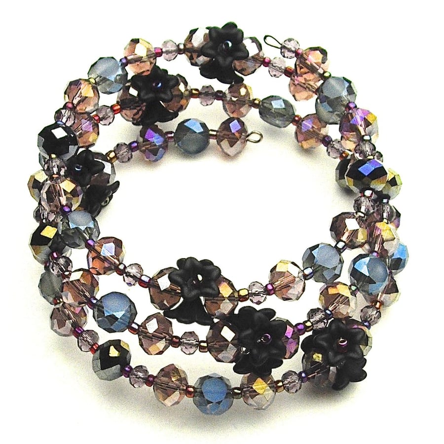 RESERVED FOR SYLVIE Floral Black and Purple Crystal Wrap Bracelet - UK Free Post