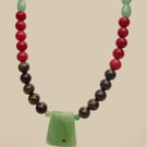 9) Green AVENTURINE Trapezoid Cabochon Beaded Necklace with BRONZITE and Red QUA