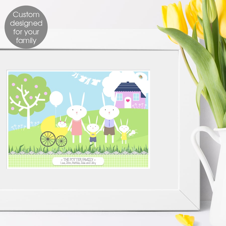 Personalised Rabbit Family Print, bespoke print for your own family