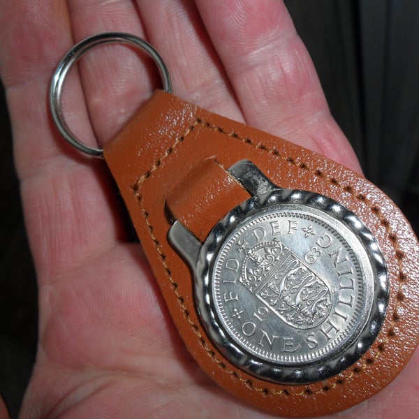 60th Birthday gift 1963 lucky shilling coin brown leather keyring unusual gift 6