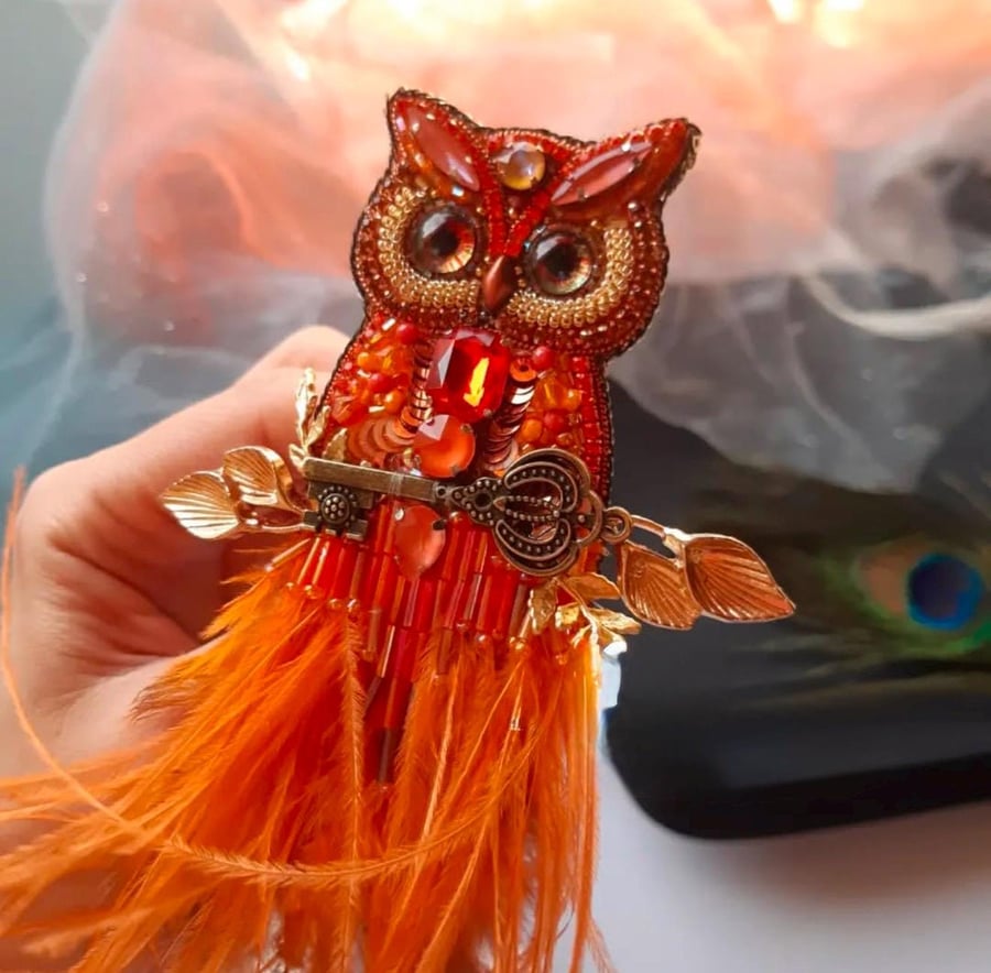 Handcrafted Beaded Owl Brooch with Orange Feathers, Embroidered Key Design, Natu