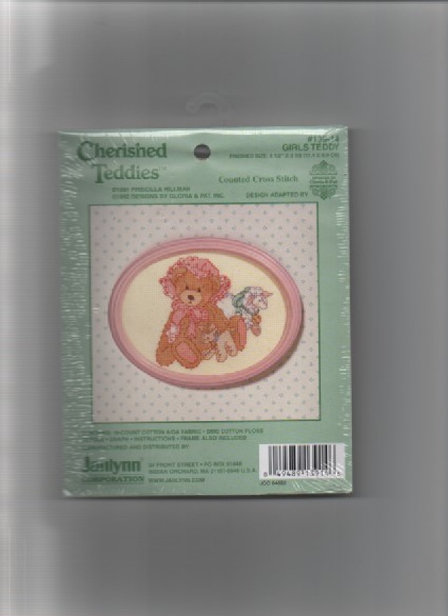 ChrissieCraft JANLYNN Cherished Teddies girl's teddy cross stitch KIT with frame