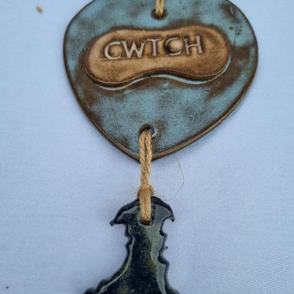 Pottery Handcrafted Ceramic Cwtch Heart and Wales Map Hanging Ornament 