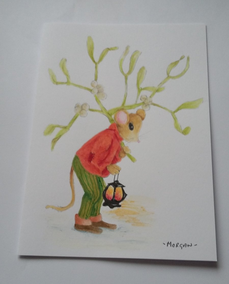 HAND PAINTED WATER COLOUR CARD  OF  MICE at Christmas