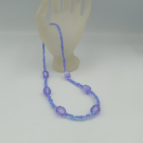 Necklace with lilac and clear twist lampwork handmade glass beads