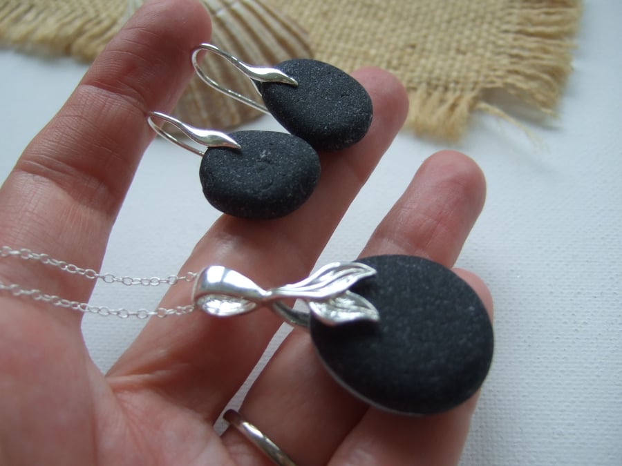 Seaham Secret Sea Glass, Magenta Black Jewellery Set, Necklace Earrings
