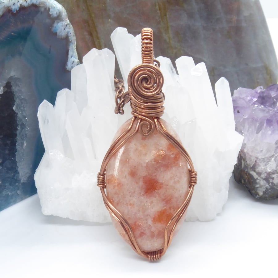 Large Sunstone and Bare Copper Wire Wrapped Pendant