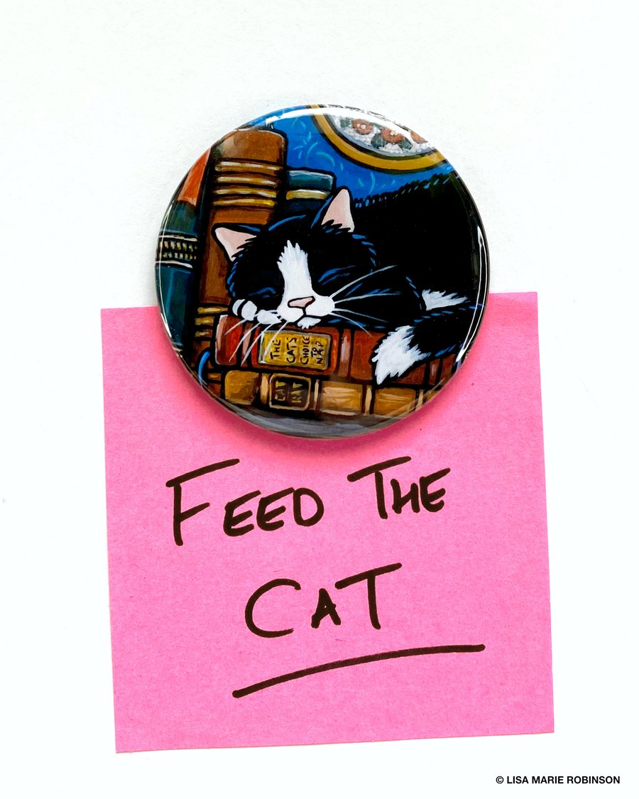Sleeping Cat, Old Books, Jumbo Cat Art Fridge Magnet, 59mm