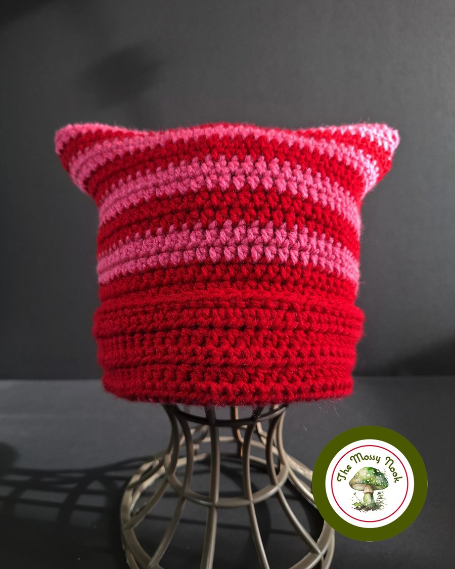 Cat Ear Hat. Striped. Red and Pink Stripes. Handmade. Teen to Adult size.