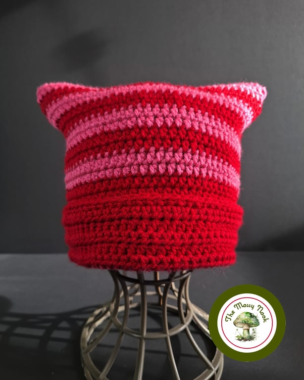 Cat Ear Hat. Striped. Red and Pink Stripes. Handmade. Teen to Adult size.