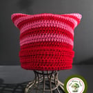 Cat Ear Hat. Striped. Red and Pink Stripes. Handmade. Teen to Adult size.