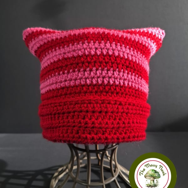 Cat Ear Hat. Striped. Red and Pink Stripes. Handmade. Teen to Adult size.