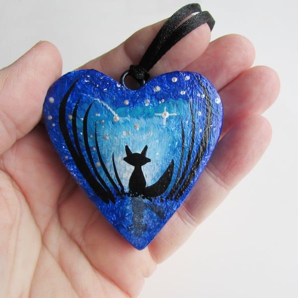 Fox Hanging Heart, Fox in Moonlight wooden heart