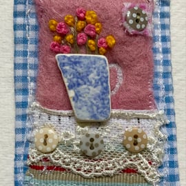 Textile Brooch, jug of flowers