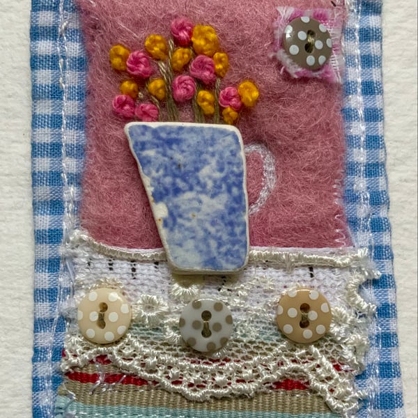 Textile Brooch, jug of flowers