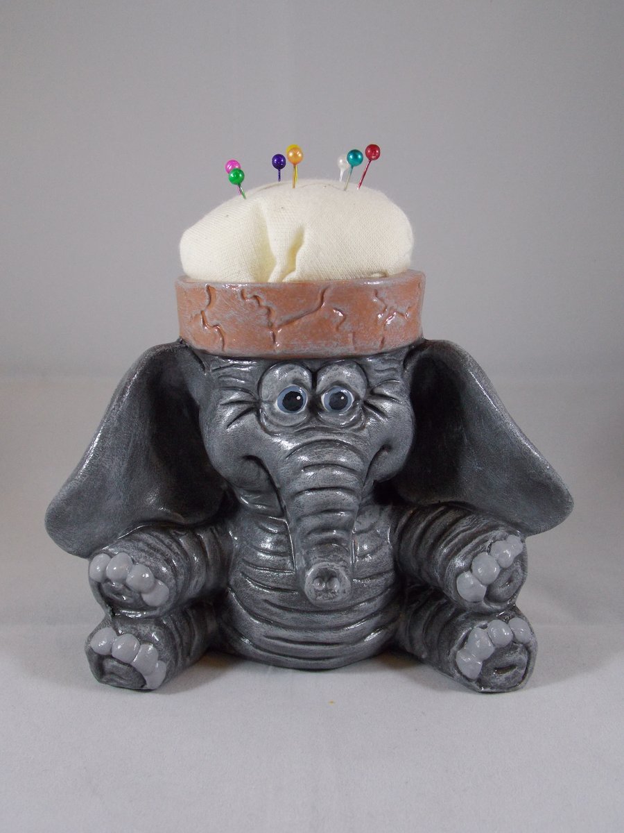 Ceramic Hand Painted Small Elephant Animal Figurine Sewing Crafts Pin Cushion.