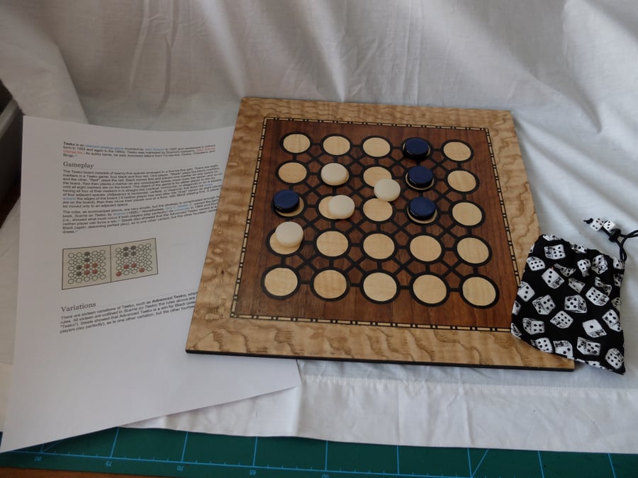 Hand made Teeko board, strategy game. Includes instructions, checkers and bag