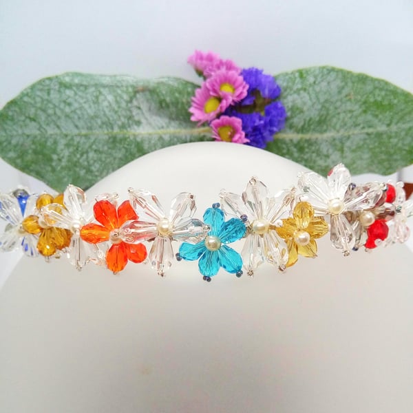 Crystal and Pearl Beaded Floral Tiara, Prom Night Head Band, Floral Hair Band 
