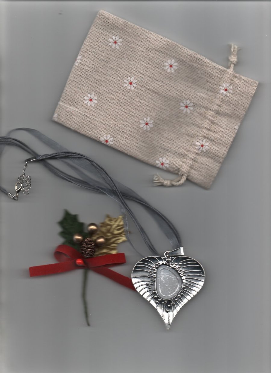 ChrissieCraft large abstract TIBETAN SILVER heart on grey organza necklace