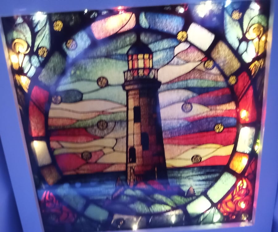Lighthouse Night Light, Light Box, stained Glass effect