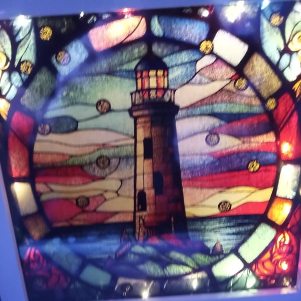 Lighthouse Night Light, Light Box, stained Glass effect