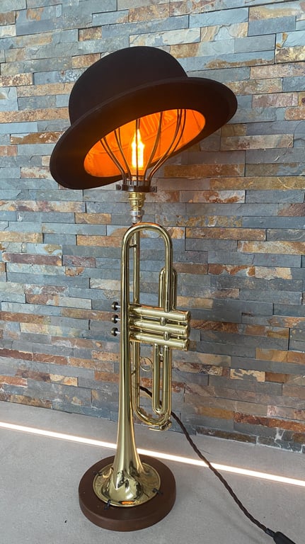Unique Brass trumpet table lamp with Bowler hat shade