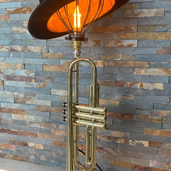 Unique Brass trumpet table lamp with Bowler hat shade