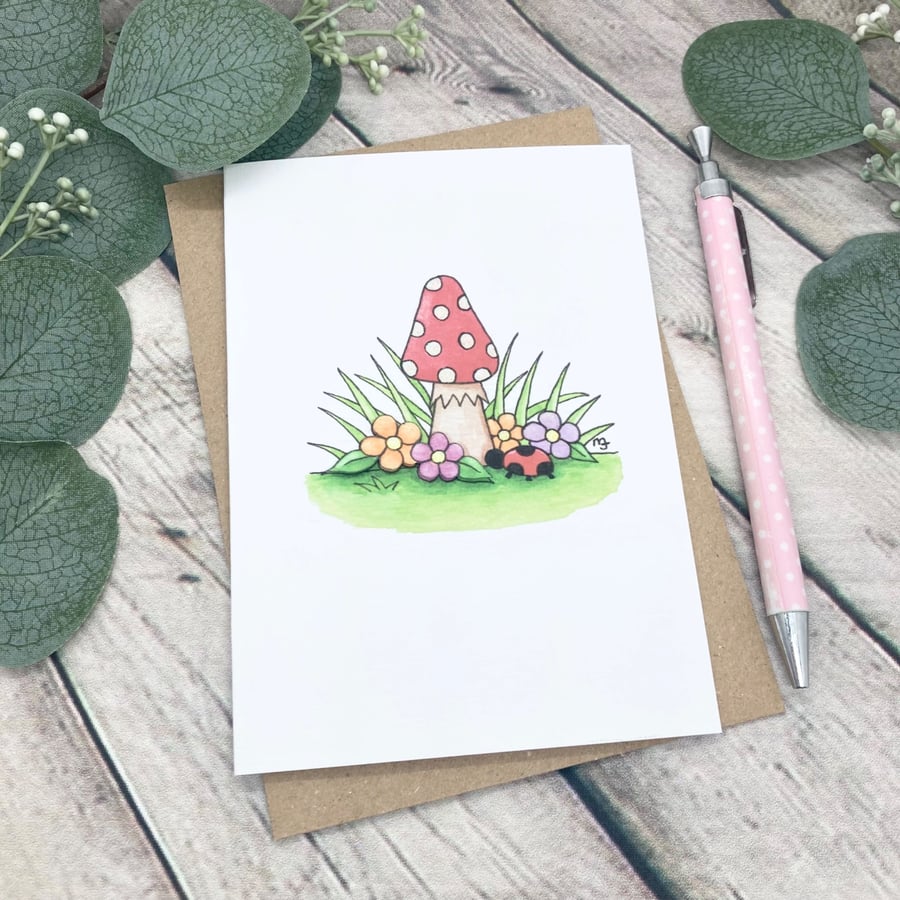 Toadstool & Flowers Card - Blank Card - Birthday Card - Any Occasion